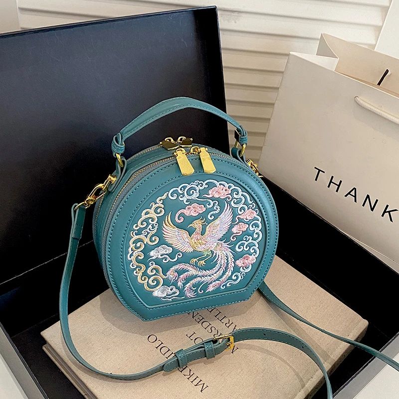 Round Handbag Brand Embroidery Shoudler Bags For Women 2026 Mini Small Crossbody Bag PU Leather Bolsa Circular Tote Bag