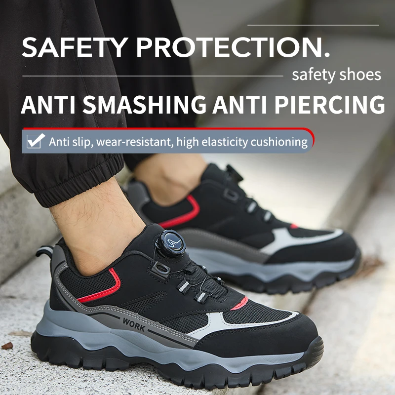Steel Toe Men Safety Shoes , Anti-Smash, Anti-Pierce,Lightweight Work Boots, Elastic Button Design, Durable Protection Footwear