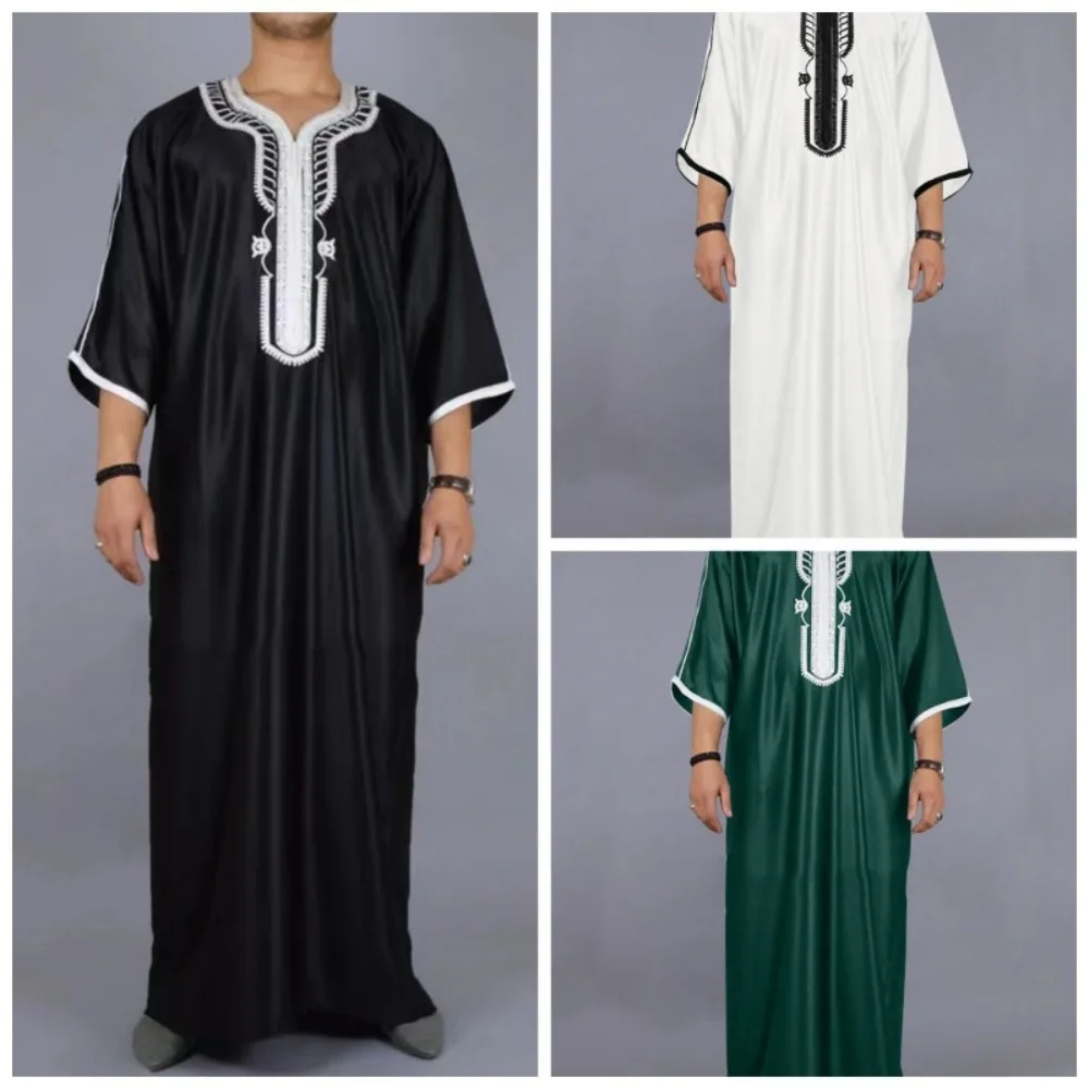 

Men's Islamic Loose Abaya Short Sleeve Embroidered Moroccan Arabic Style Muslim Clothing