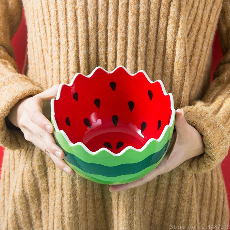

Creative Hand-painted Watermelon Shape Bowl Fruit Salad Multi-functional Household Cute Cartoon Dessert Watermelon Bowl, 1Pc