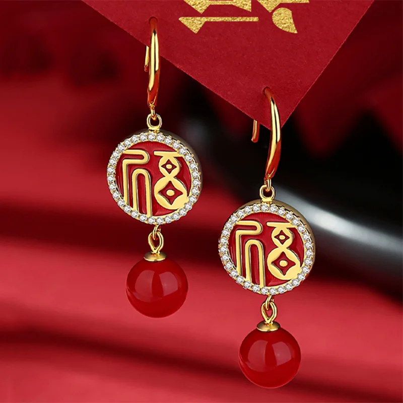 Chinese Style Earring for Women New Year Wedding Red Accessories Rhinestone Luxury Ear Hook Creative Jewelry