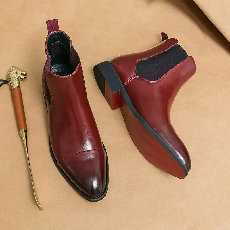 Men's Classic Red Chelsea Boots Pointed Toe Leather Ankle Boots Men British Style Short Boots High-top Business Formal Shoes view 2
