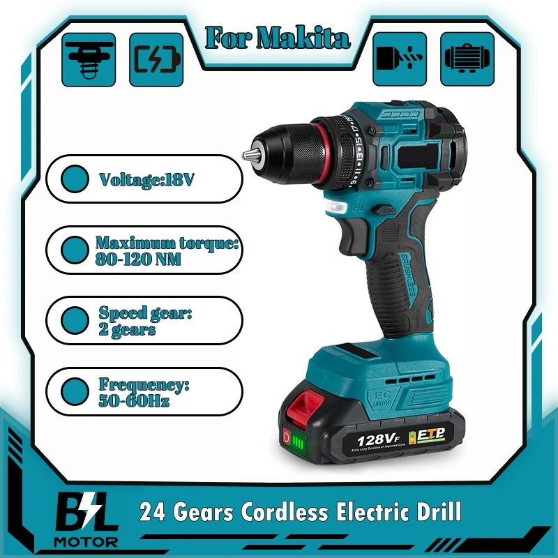 10mm 24 engrenagens sem escova furadeira elétrica chave de fenda com 24 acessórios sem fio eficiente furadeira de impacto ferramenta elétrica para makita 18v