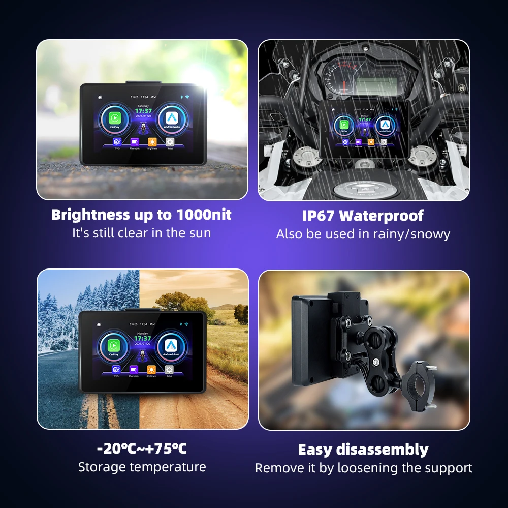 Removable Linux 5Inch Motorcycle Carplay Display Screen Navigation Wireless CarPlay Android Auto support GPS/2Ch-IP67 1080P DVR