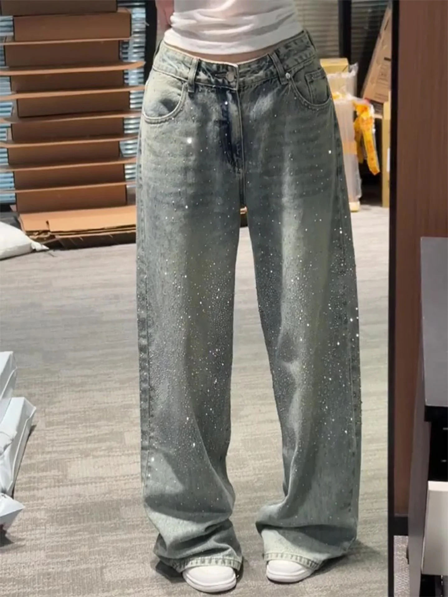 

Glittering Diamond Large Size Retro Loose Floor-Length Jeans Women's Summer Small Size Spicy Casual Wide Leg Pants