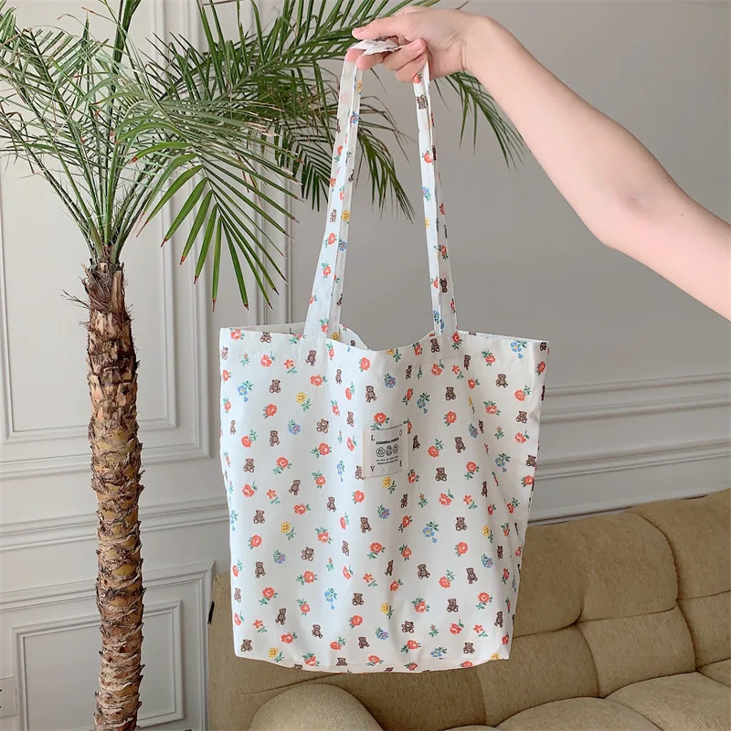 Canvas Women\'s Shopping Bag Flower Print Fashion Folidng Large Shopper Tote Purse Bags Pouch Travel Grocery Shoulder Pouch Case