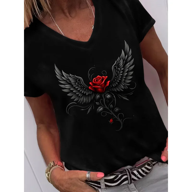 -Shirt Featuring a Gothic Rose Wing Design, Relaxed Home Use, Outings, Or As a Present