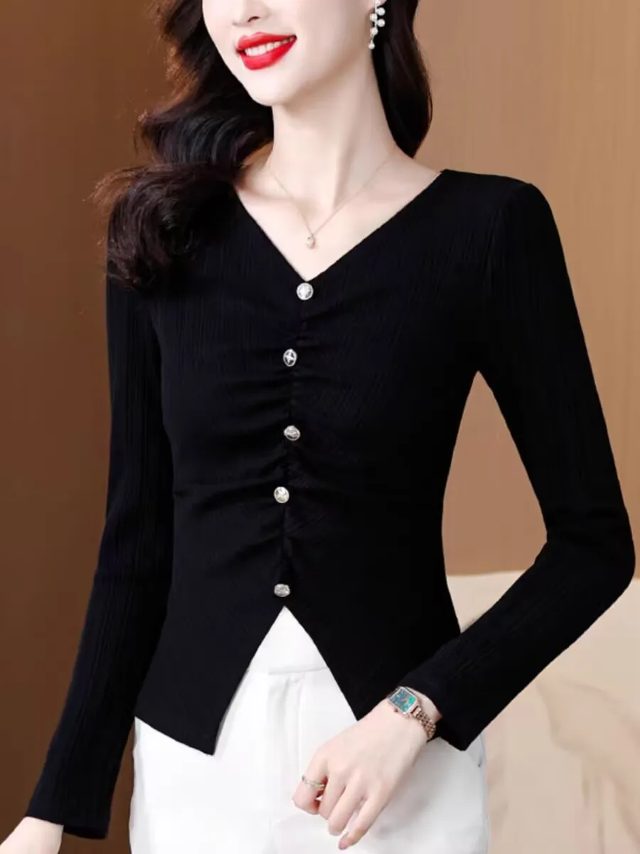 

2025 French Style Office-appropriate Elegant Spring Summer Woman Cardigan Blouse Female V-neck Button Split Hem Shirring Chic
