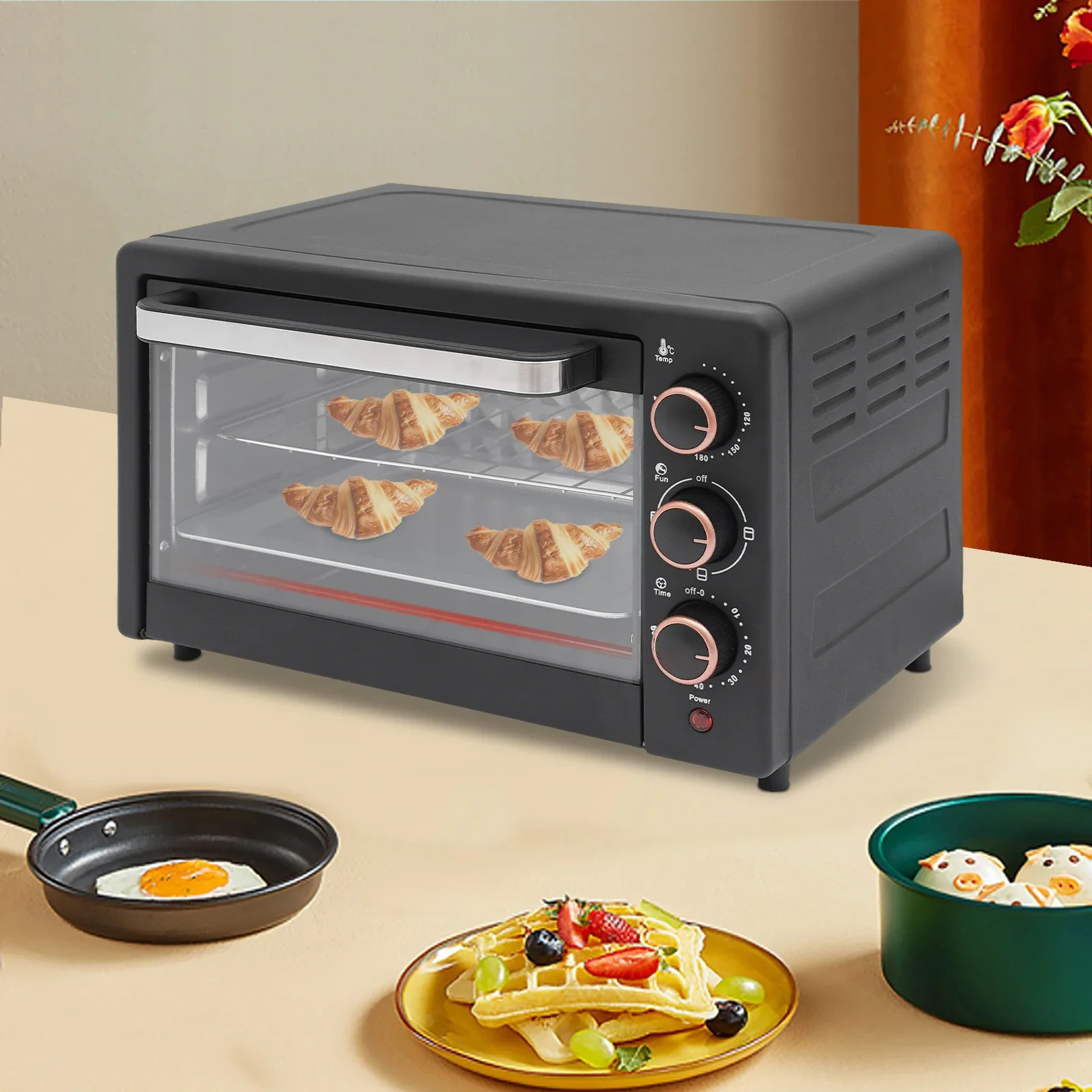 Einstellbare Temperatur 1000 W 22 l/4,84 Gallonen Elektroofen mit Grillpfanne zur Herstellung von Brot, Eierkuchen, gegrilltem Fisch, Brathähnchen usw