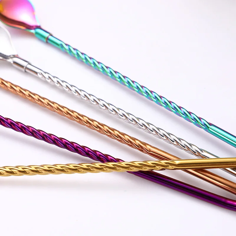 Long Twisted Straw Spoon Portable Gold Tea Scoop Reusable Colored Stainless Steel Straws Cocktail Coffee Stirring