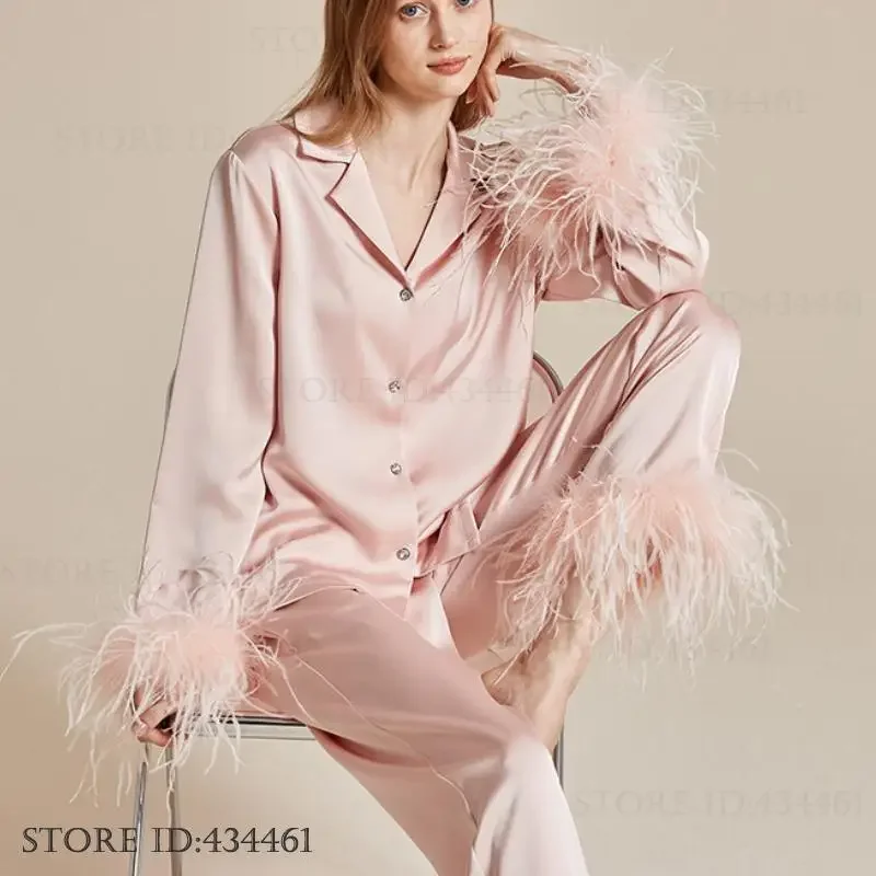 Luxury Feathers Pajamas Set Loungewear Fashion Lady Sleepwear Pijamas Suit Elegant Silk Satin Nightwer Pyjama New Home Clothing