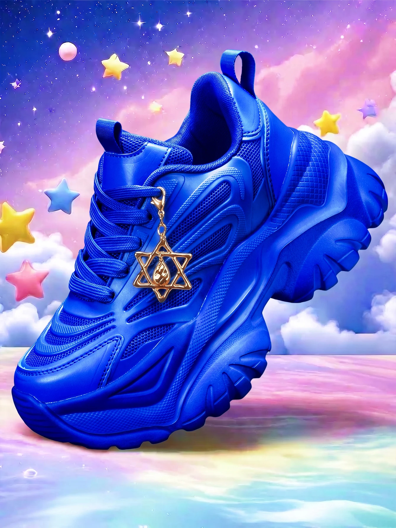 Women's Outdoor All-Season Fashion Vulcanized Shoes, Eva Lightweight Thick-Soled 7cm Height-Increasing Sneakers, Blue Sports Shoes with a Sweet-Cool Style, Gold Water Drop Hexagram Detachable Charm, Suitable for Running, Fitness, and Various Occasions