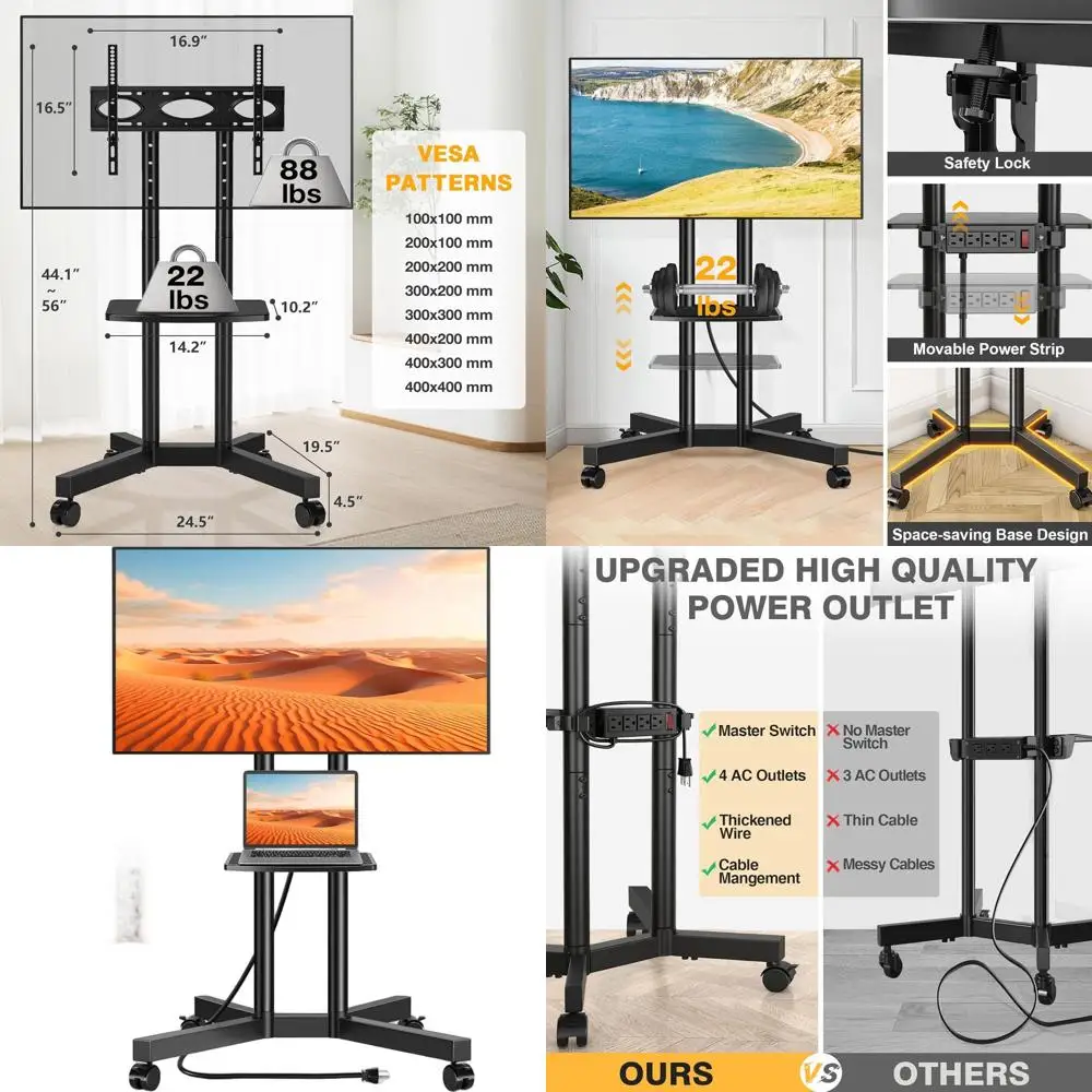 

Portable TV Cart with Power Outlet for 32-75 TVs, Adjustable Height, Max VESA 400x400mm