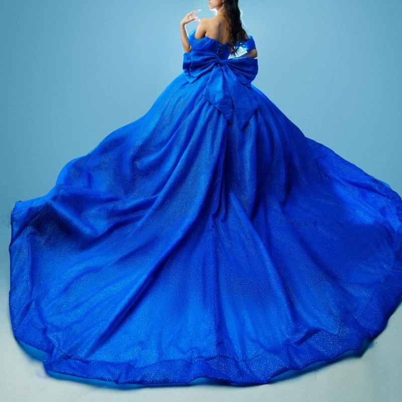 Royal Blue Shiny Princess Off the Shoulder Sweet 16 Dress Quinceanera Dresses Beading Crystal Bow Tull Corset Party Birthday Ves