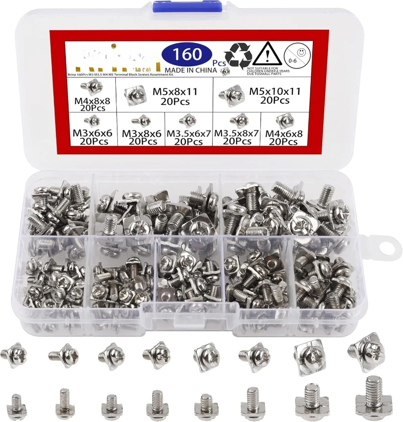 1/2 caixa (160 pçs/caixa) m3 m3.5 m4 m5 kit de sortimento de parafusos de bloco terminal com arruelas quadradas parafusos de aço carbono banhado a níquel