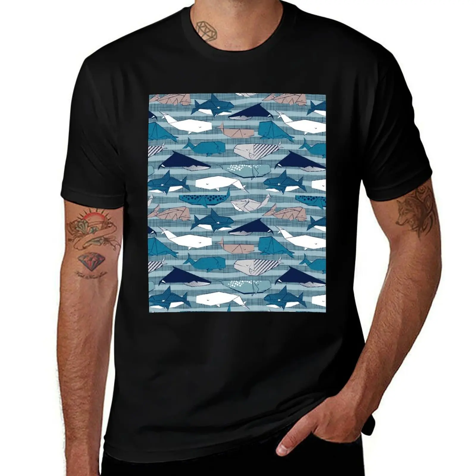 

Origami Sea // linen texture and nautical stripes background teal white and taupe whales T-Shirt