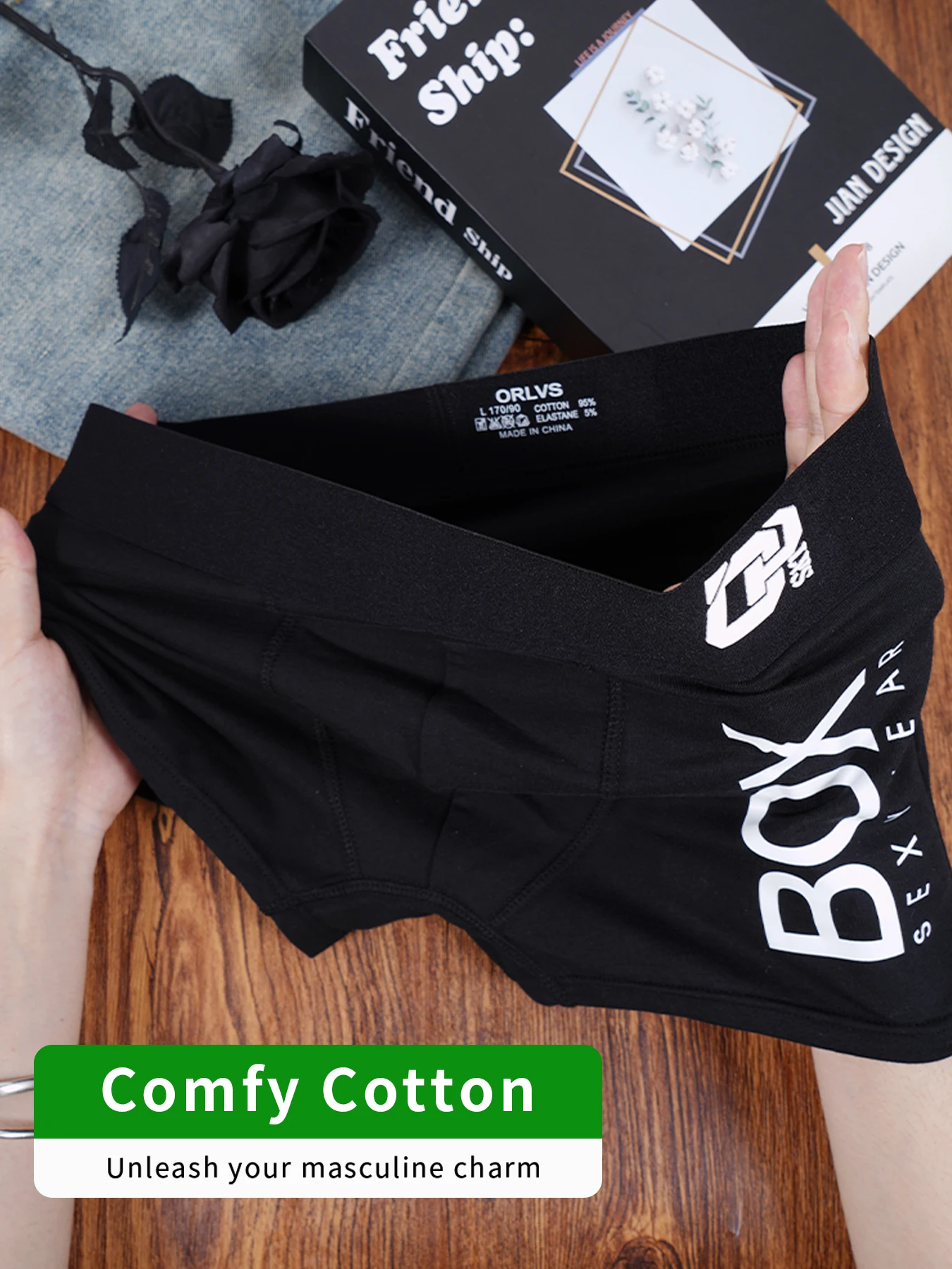 1PCS Men's ORLVS BOX Print Boxer Briefs Comfy Cotton Low Rise Stretch Underwear