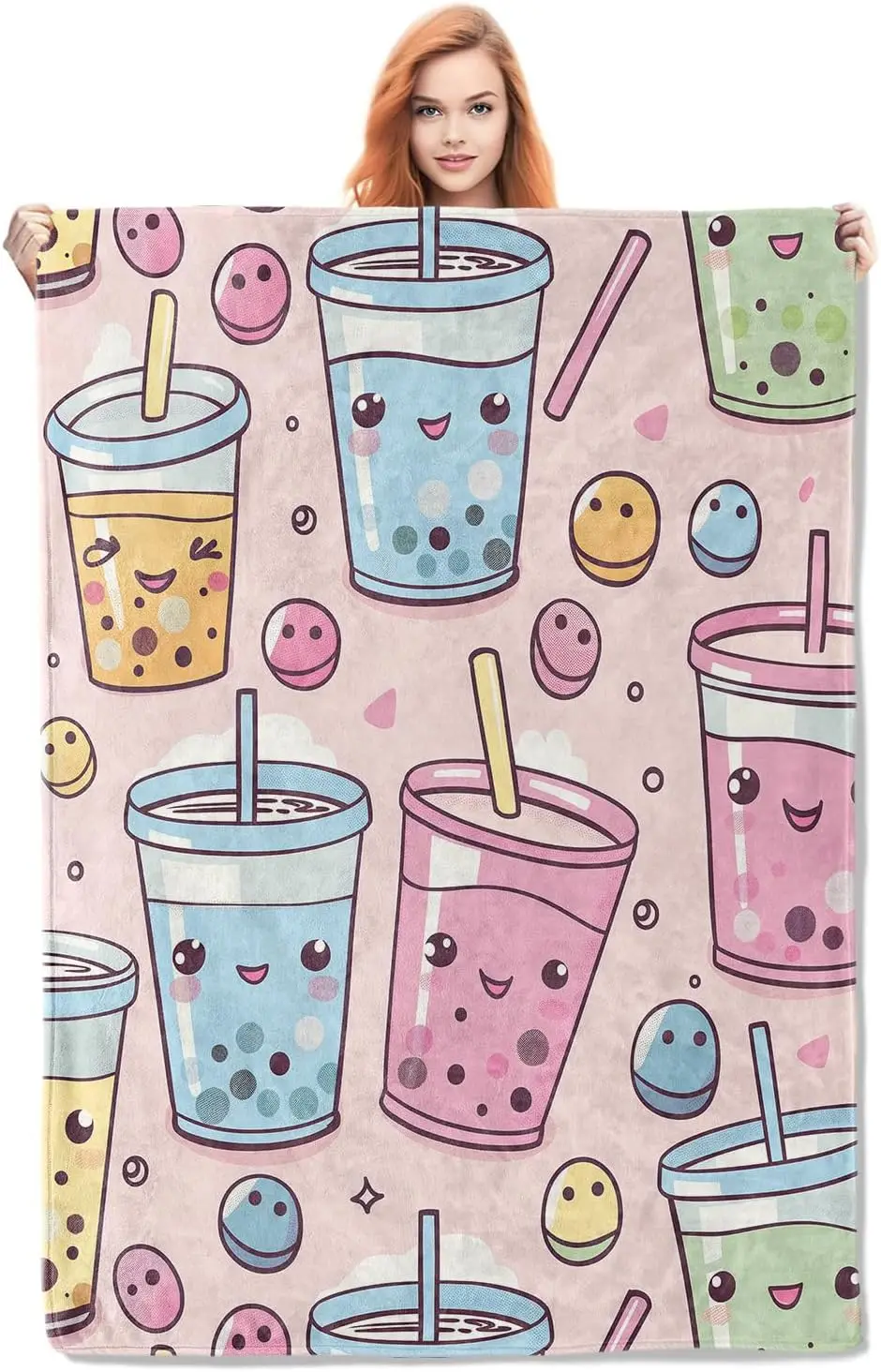 Cute Anime for Boba Cups Blanket Gifts for Women Girls Adults Kids Soft Warm Lightweight Cozy Bubble Tea Throw Blankets for Bed