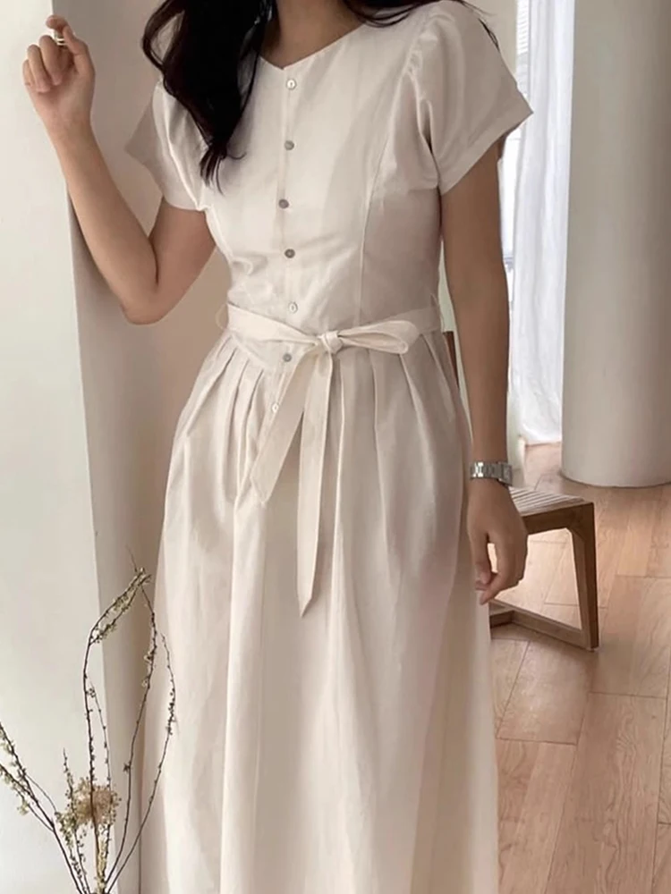 فستان صيفي أنيق بأكمام قصيرة وخصر ملفوف للتخسيس مطوي في اتجاهين وزر واحد أنيق للنساء بخصر عالٍ على الطراز الكوري #1