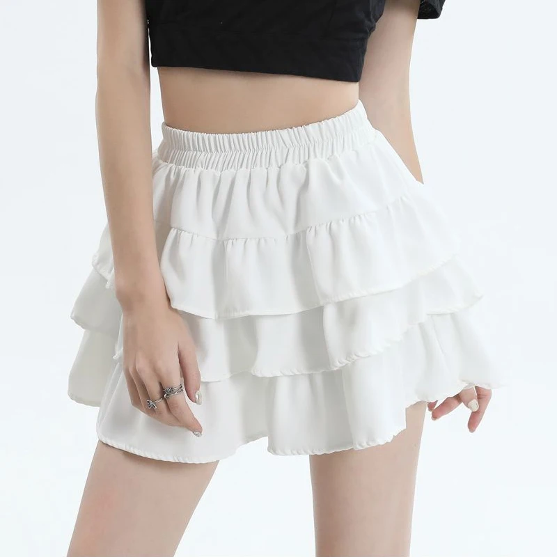 

White Mini Cake Short Skirts For Women A-line High Waist Solid Color Skirt Korean Fashion Casual Summer Pleated Skirt