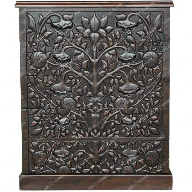 

Southeast Asian Style Indian Furniture Metal Rails Solid Wood 6 Chest of Drawers Entrance Cabinet Thai Carved 5-Drawer Cabinet