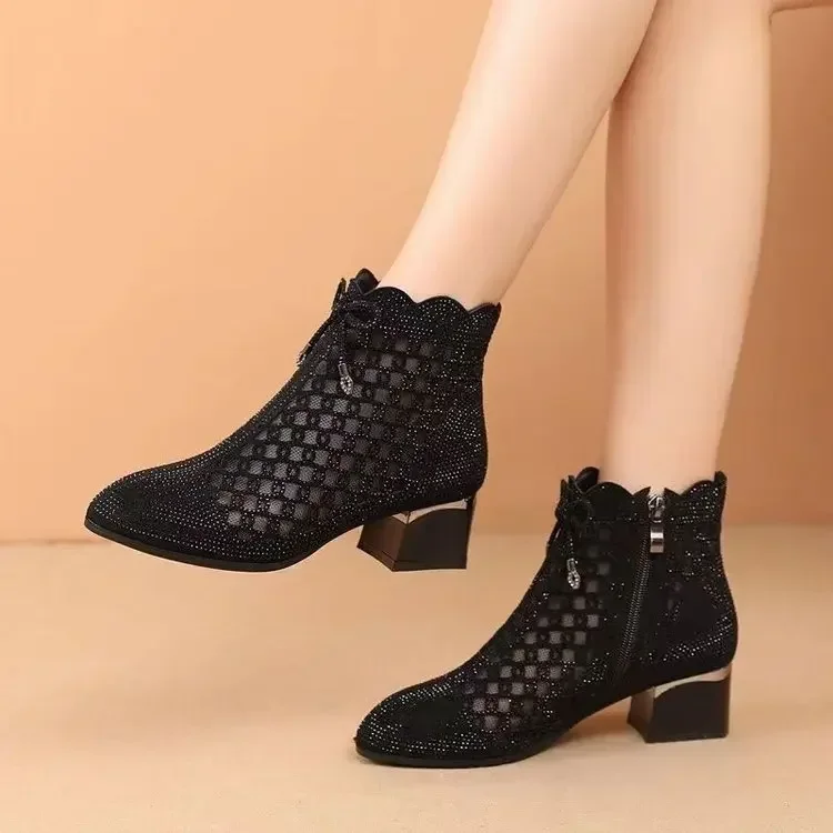 Women\'s Summer Boots Luxury Ankle Casual Shoes For Women Trend 2024 Comfortable Black Mesh Outdoor Fashion Wedge Heel Sandals