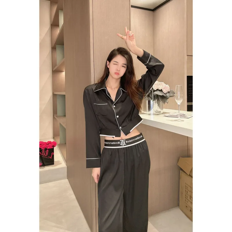 Autumn Ice Silk Pajamas, Female Minority Long Sleeve Short Premium Home Fur Set, Fashion Wide Leg Pants, Mesh Red