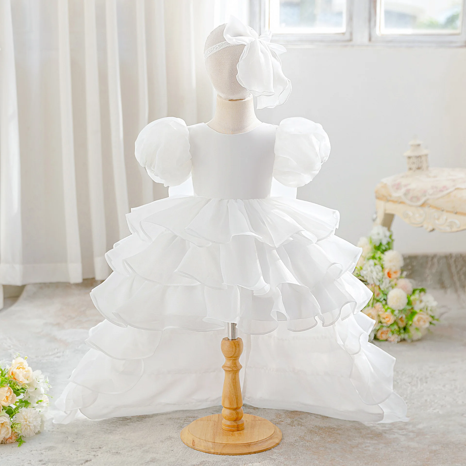 

Новогоднее платье для девочек Платье принцессы со шлейфом, элегантное платье с цветочным принтом для дня рождения, белое свадебное платье подружки невесты