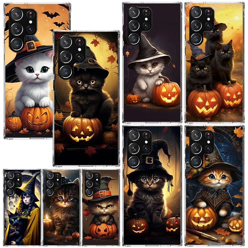 Black Kitten Halloween Pumpkin Phone Case For Samsung Galaxy S26 S25 Edge S24 FE S23 S22 Ultra S21 Plus S20 + Art Fundas Back Co