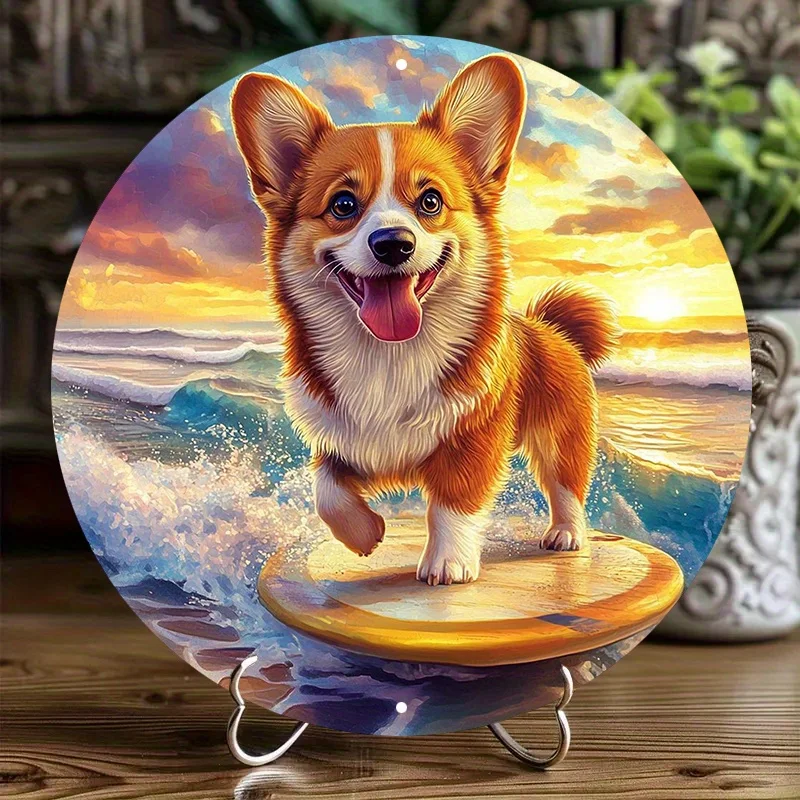 Corgi Surfboard Aluminum Metal Sign -  Weather-Resistant, Pre-Drilled, Waterproof, Outdoor & Indoor Decor, High Definition Print