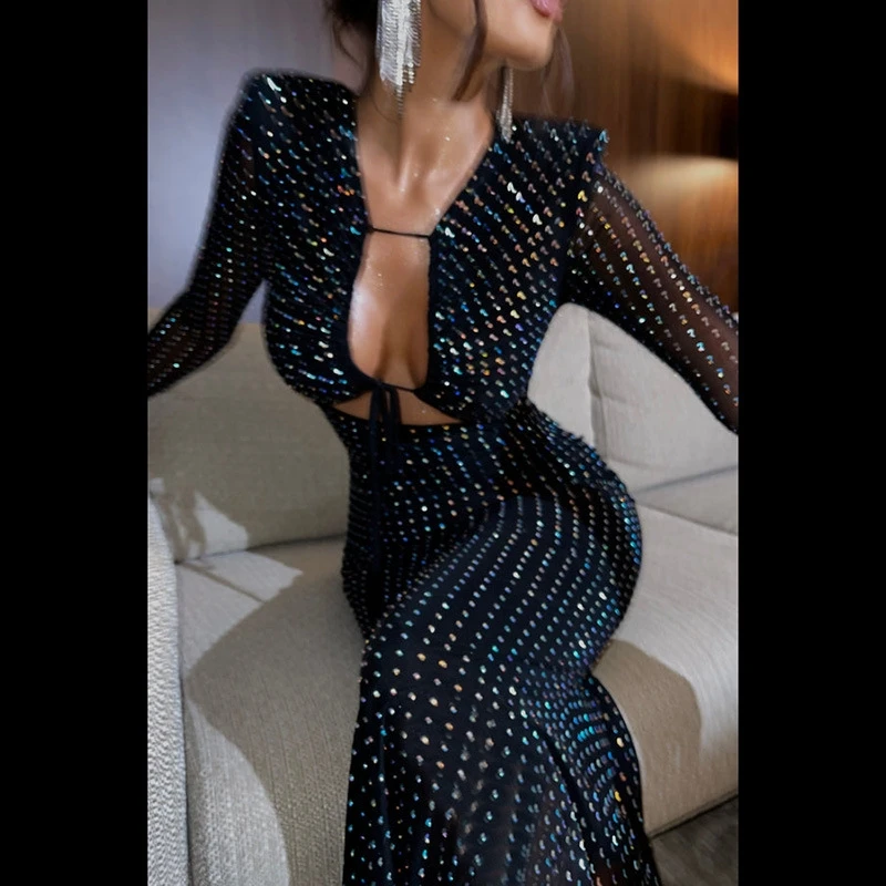 

Sexy Sequin Hollow out Long Sve Dr Bla High Waist Gown Polyester Fiber Spring Autumn Winter V Ne Dr