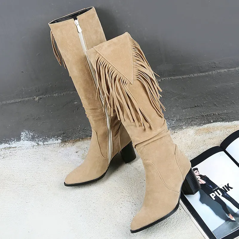 Faux Suede Army Green Olive Beige Western Shoes Round Toe Block High Heels Women Knee High Cowboy Boots With Tassel Fringes