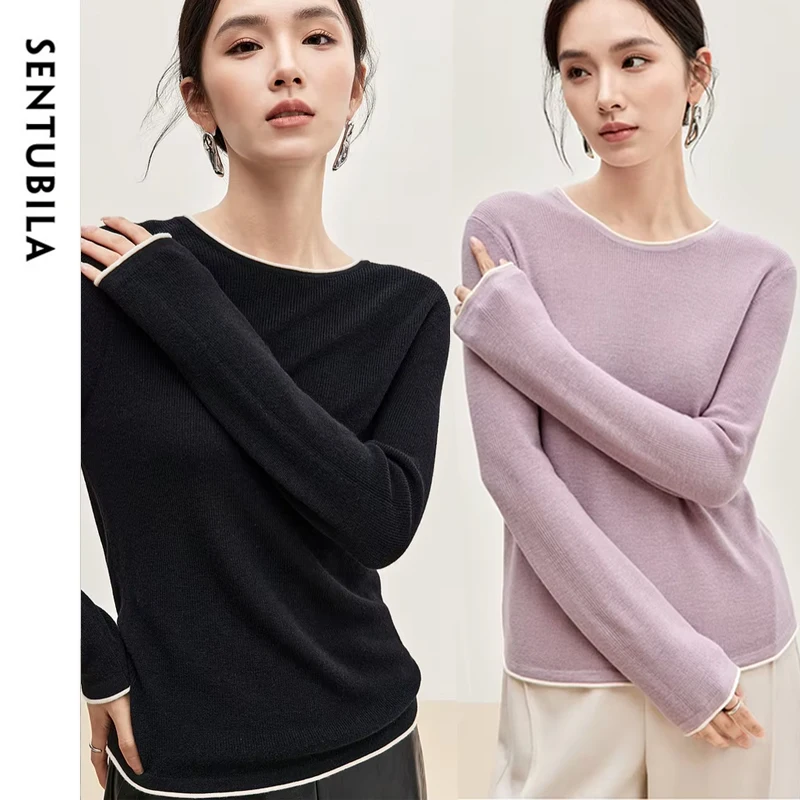 

SENTUBILA Women Pullovers Wool Blend Knitted Sweater 2024 Autumn Long Sleeve Comfort Contrast Basics Knit Tops Woman W43H56235