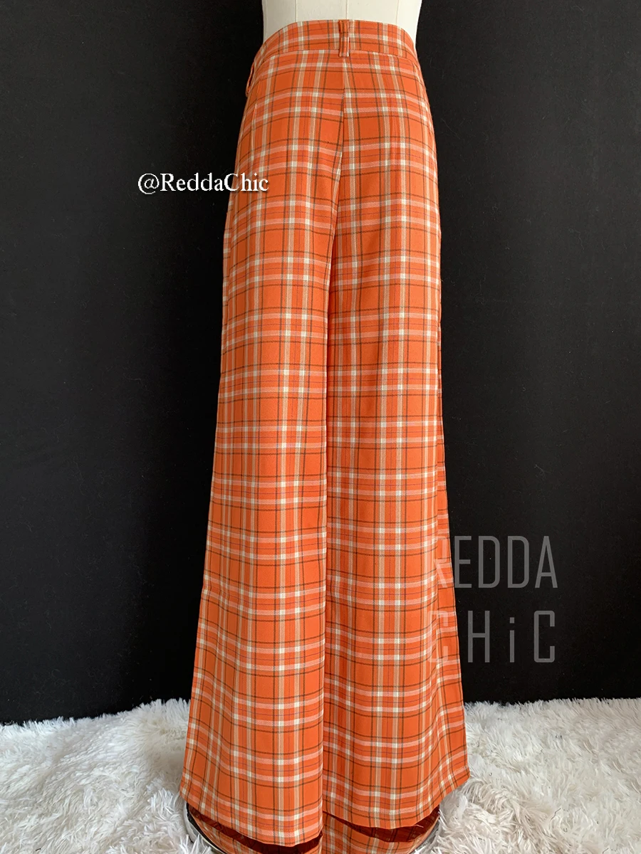 ReddaChic OL Women Checkered Long Trousers Summer High Waist Wide Leg Pleated Draped Lightweight Casual Pants Vintage Clothes