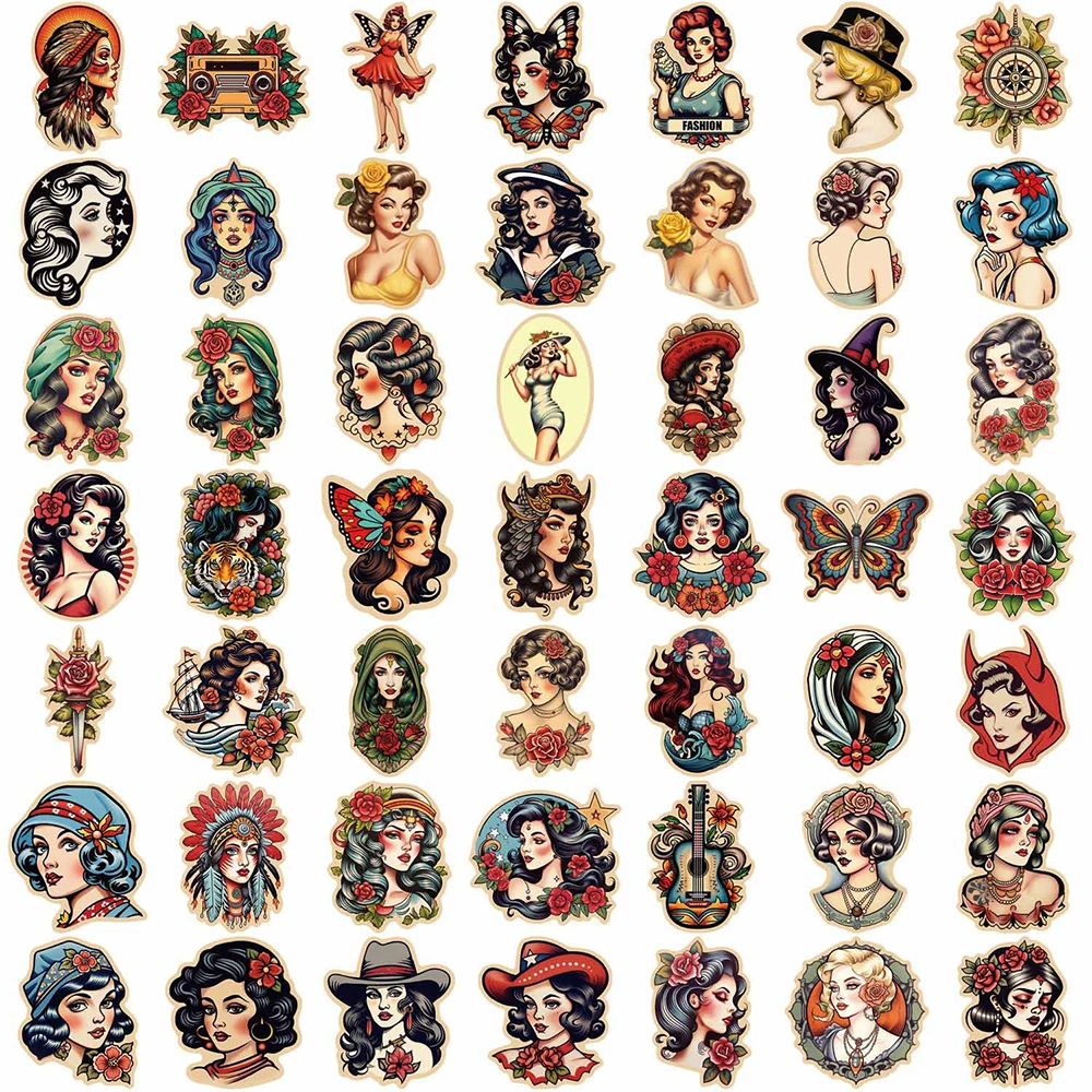 10/30/50pcs Old School Tattoo Style Sticker Retro Pinup Girl Decal Cool Graffiti Skateboard Laptop Bike Car Vintage Sticker Pack