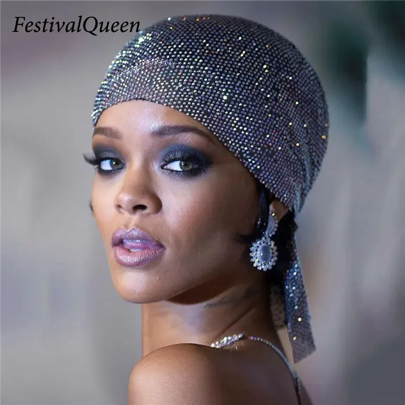 Shiny Rhinestone Mesh Head Scarf Turban Hat Headband Crystal Fishing Net Cap Hair Snood Nets Headpiece Headwear Accessorie