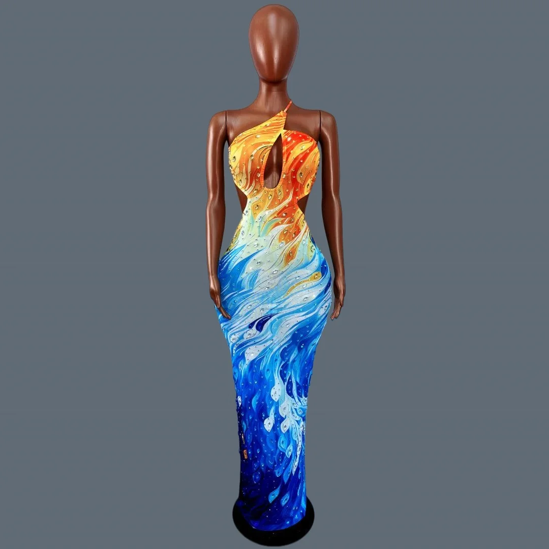 

Sexy Women Sparkly Rhinestone Sheer Mesh Hollow Out Long Dress Summer Party Evening Dress Multicolour Printing Chic Gown Caiyu