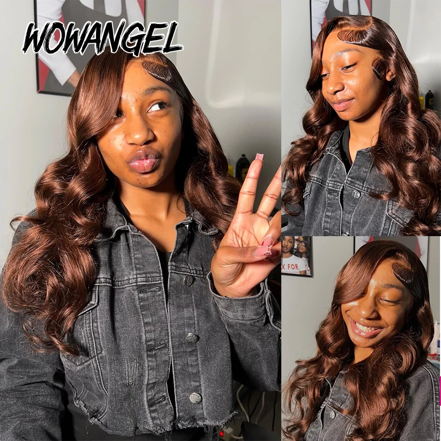 Wow anjo chocolate marrom hd peruca frontal do laço onda do corpo 250% 13x6 hd frente do laço perucas de cabelo humano derreter skins remy peruca frontal completa