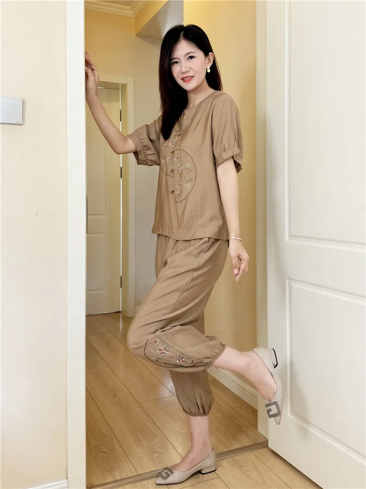 

Summer New Style Large Size Women's Cotton Linen Set Casual Chic Seven-Foot Pants Two-Piece Suit round Neck Short Sleeve
