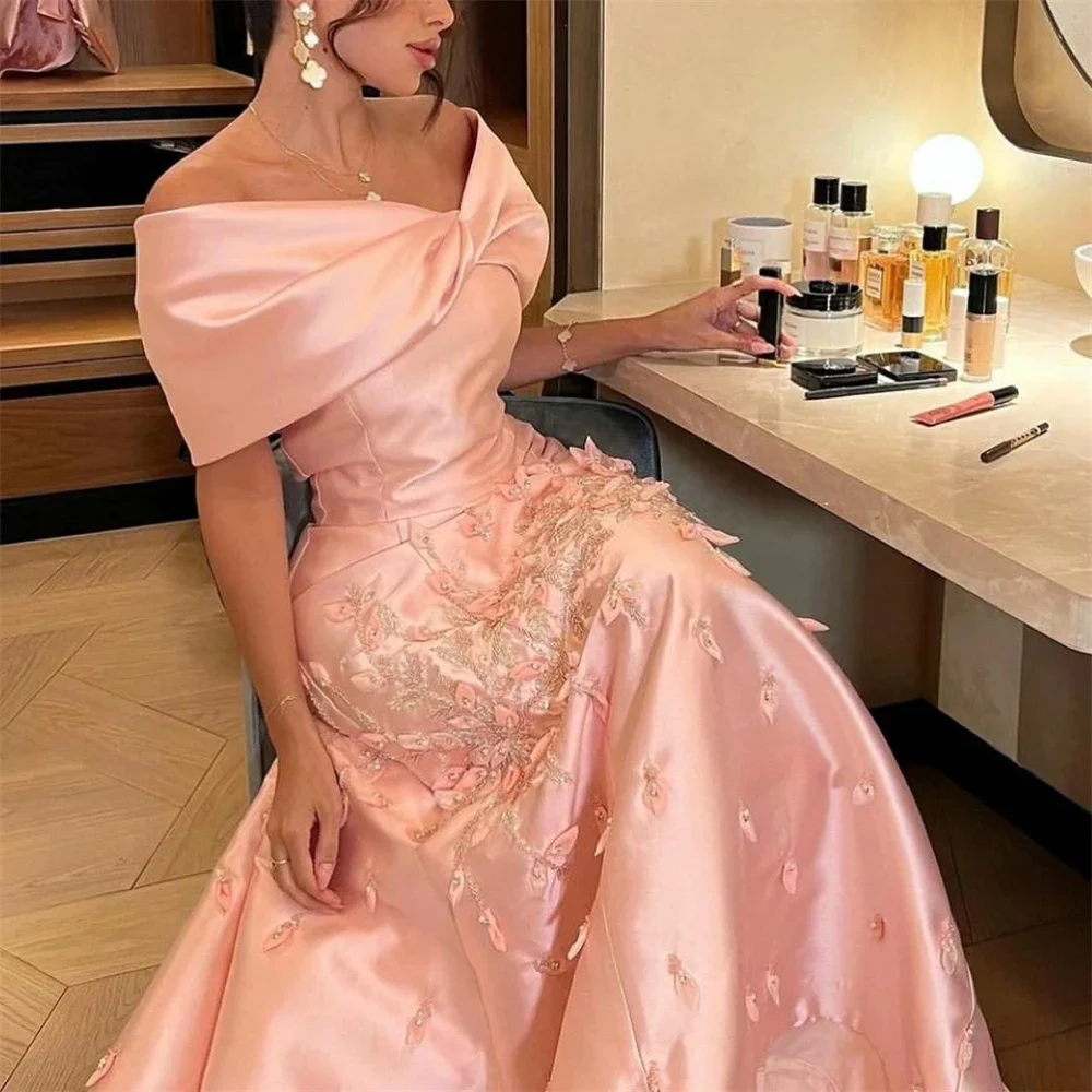 Elegance Arabia V Neck Prom Dress Off the Shoulder Beads 3D Flowers Satin Formal Occasion Evening Gown Customized فساتين سهرة