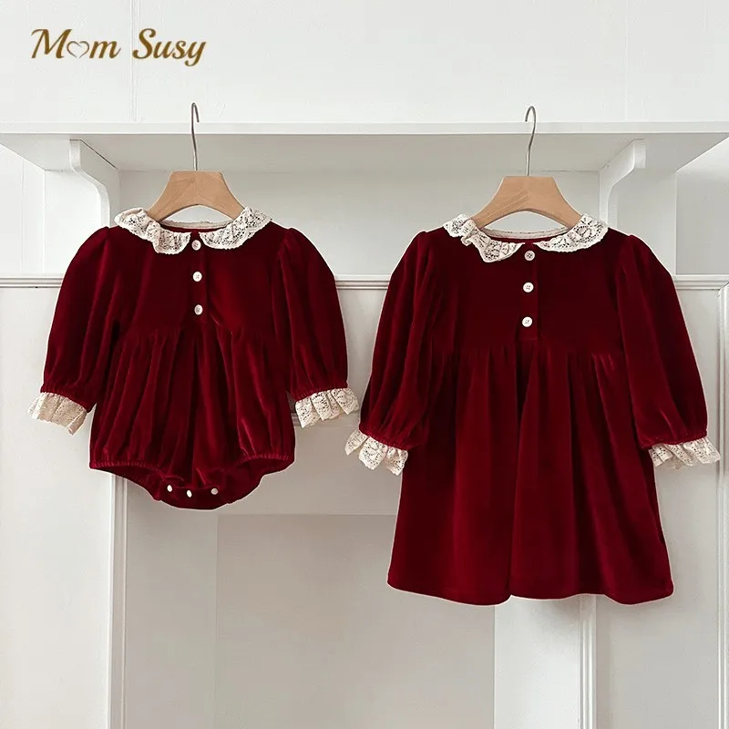 

Рождественский бархатный комбинезон принцессы для новорожденных девочек, платье с кружевным воротником, одежда для малышей на Рождество, день рождения, вечеринку, От 0 до 7 лет