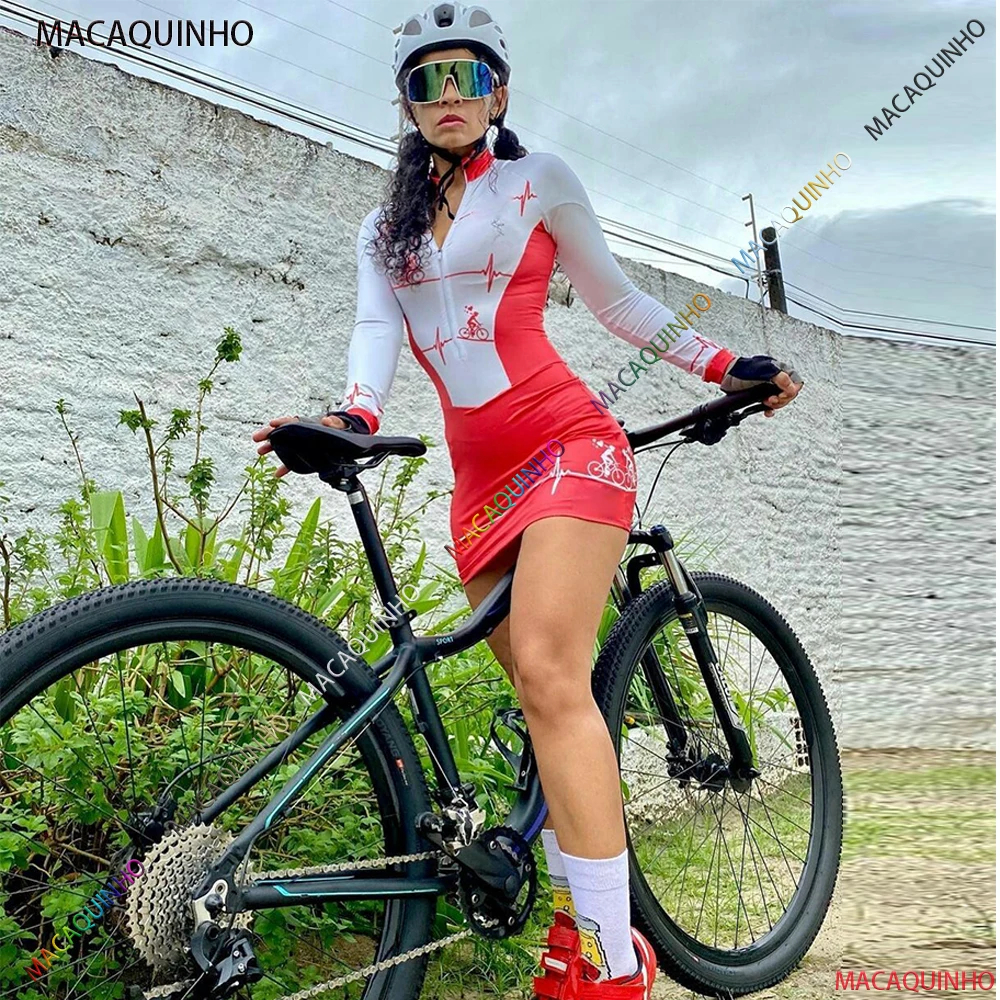 

Red Cycling Jumpsuit With Skirt Long Sleeve Women's Bike Clothing Free Shipping Products Brazil Macaquinho Ciclismo