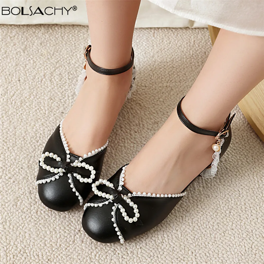 Women Low Heels Mary Jane Pumps Spring Autumn Party Wedding White Pink Beige String Bead Bow Princess Cosplay Lolita Shoes 31-48