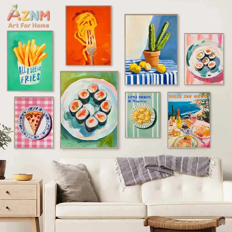 AZNM Retro Colorful Food Canvas Wall Art Italian Pasta Pizza Fries Cocktail Lemon Art Print Fun Kitchen Dining Room Decor Poster