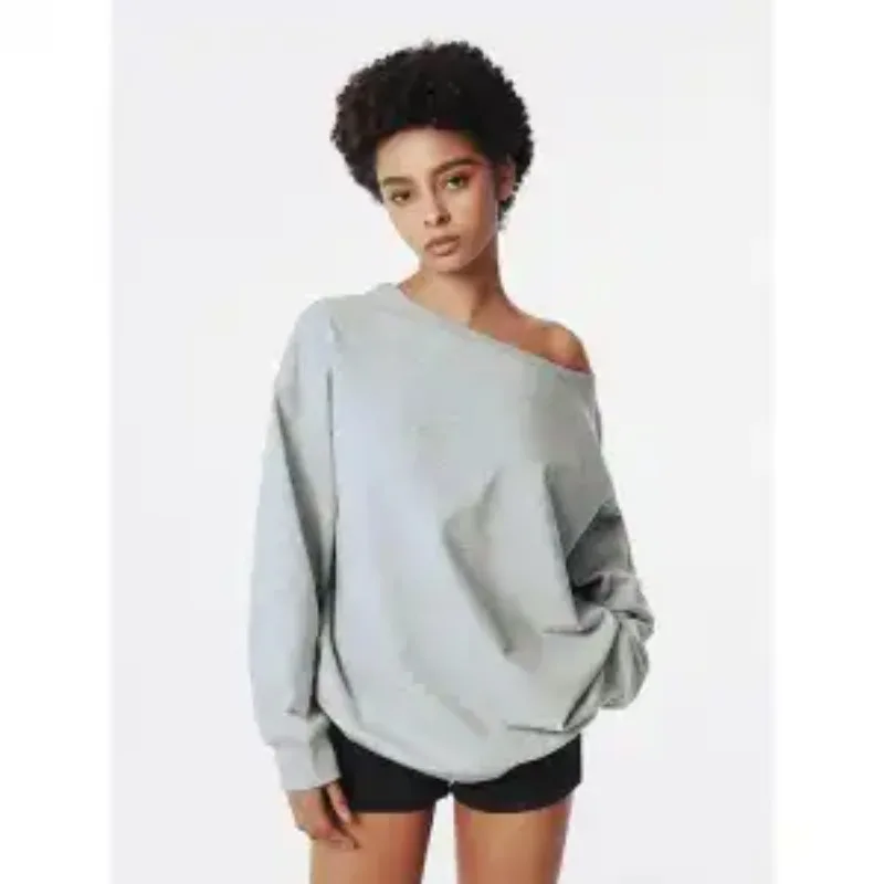 

Американский свитшот с открытыми плечами, свободный и универсальный однотонный пуловер, модный повседневный топ