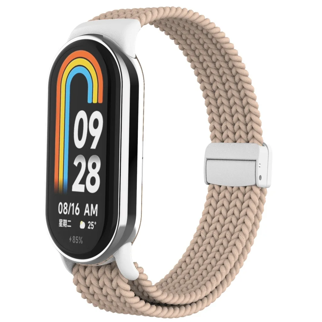 حزام مضفر من النايلون المغناطيسي مع إبزيم بلاستيكي مناسب لـ Xiaomi Miband 8/9/10 حزام نايلون مرن منسوج مغناطيسيًا