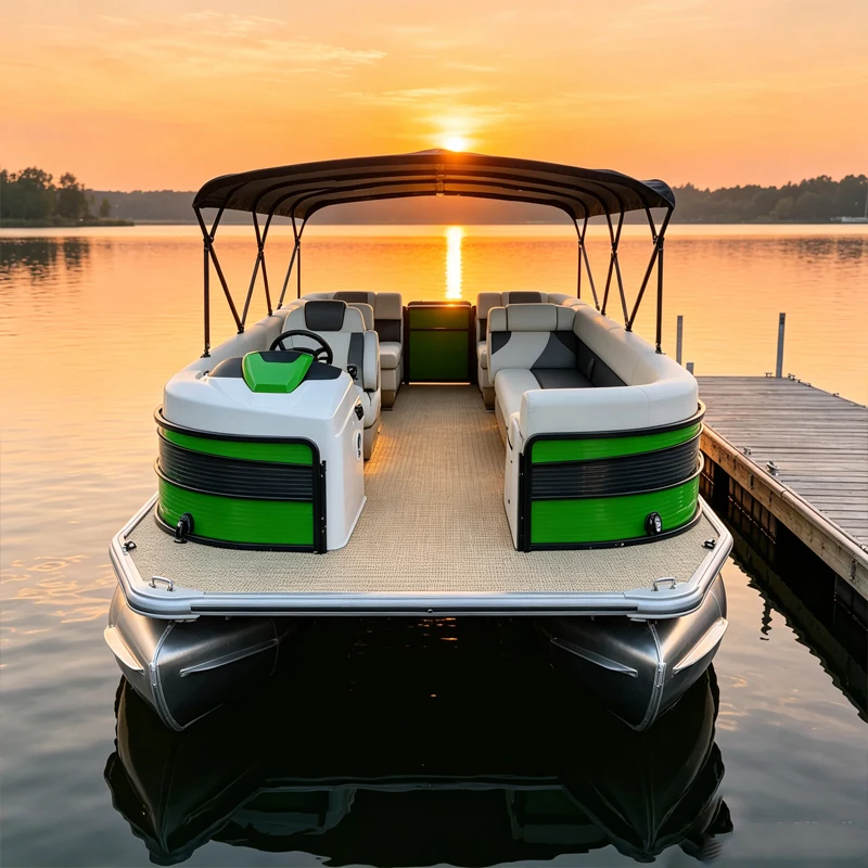 Leisure Pontoon Boat With Premium White And Grey Seats And LED Lighting Customizable