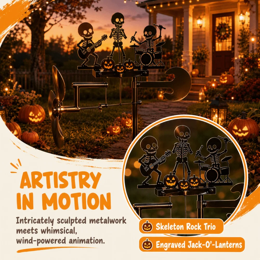 Rotating Halloween Skeleton Metal Drummer Wind Heavy Duty Artistic Musical Skull Garden Stake Spooky Wind-Powered