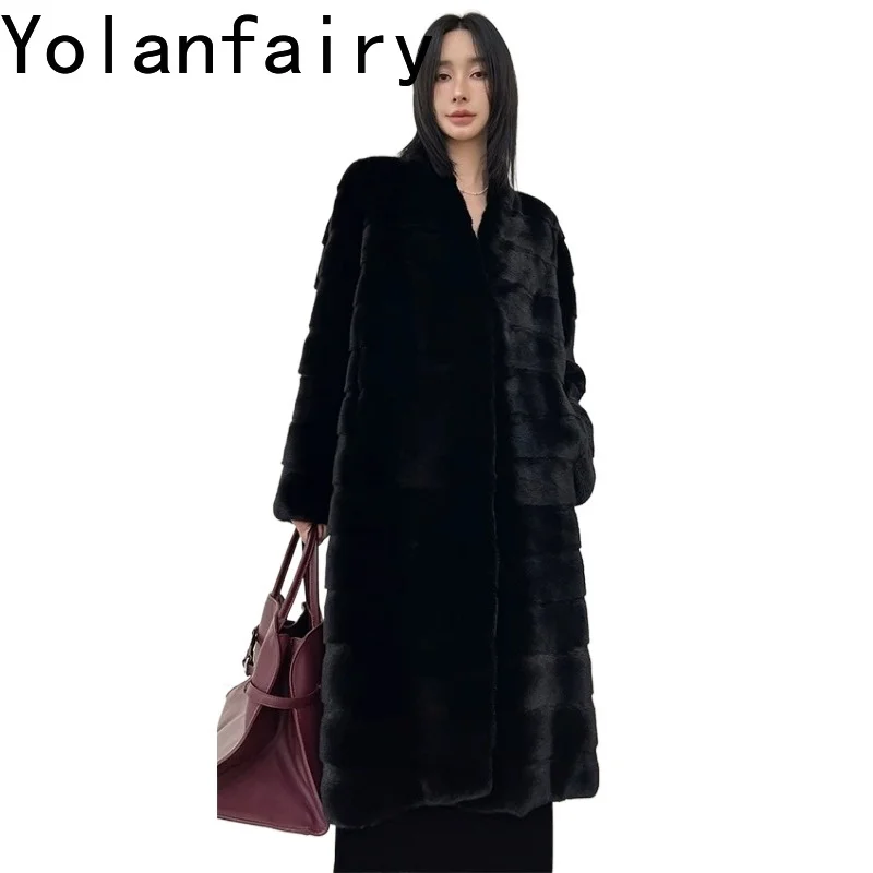 YOLANFAIRY Luxury Purple Label Velvet Whole Mink Fur Coat Women Real Fur Jacket  Furry Overcoat Long Winter Tops 111cm Chic Шуба