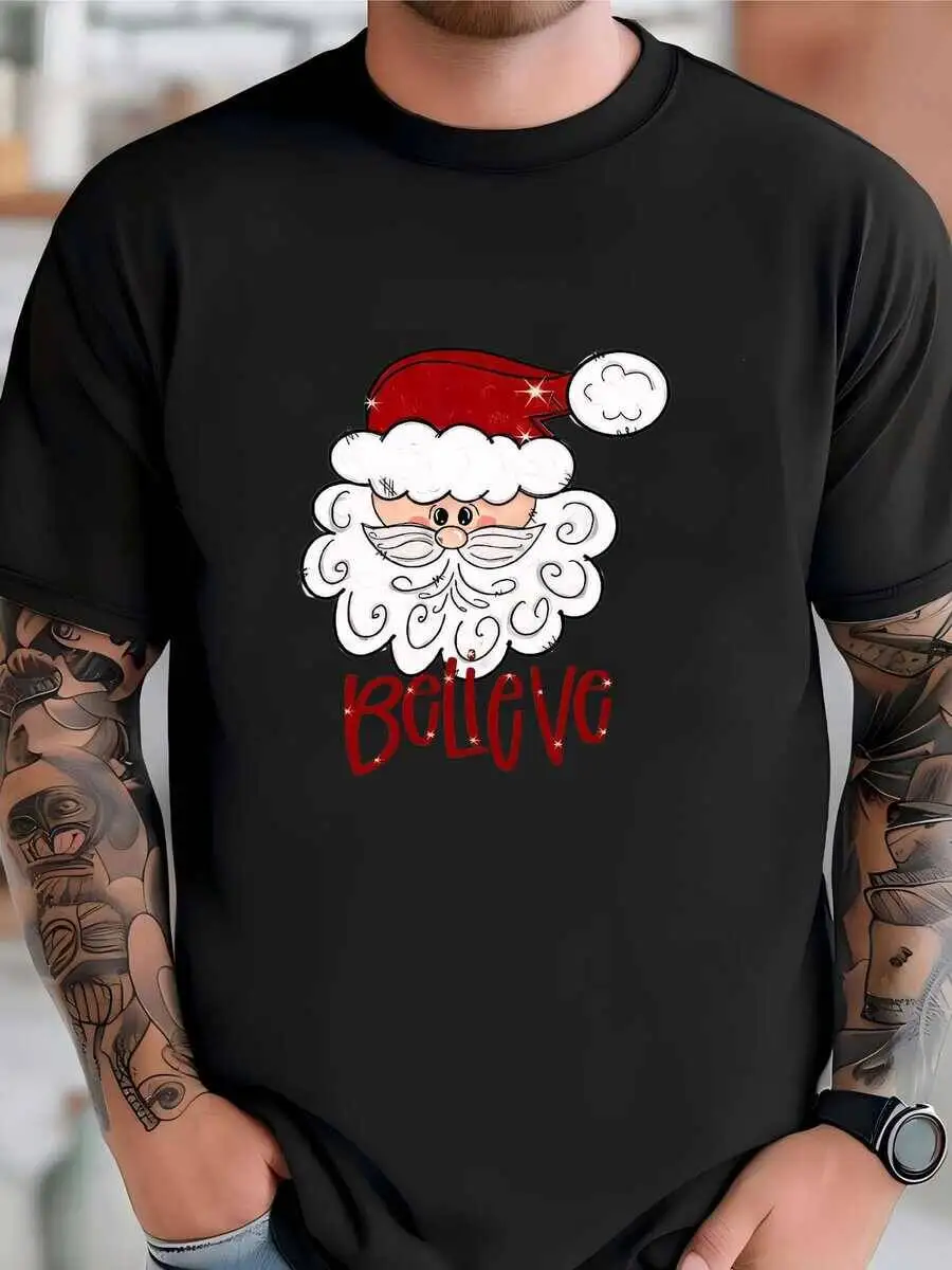 Mens Sve, Cute Claus, Believe, Believe In Santa Design, Premium Unisex Tee, 3X Plus Size Long Sve T-Shirt 100% Cotton Trendy Y2K